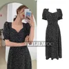 South Korea Clothes Chic Dresses Hot Sales Women Flhjlwoc Temperament Office Lady Floral Print Vintage Black Long Maxi Dress 509 T200604