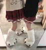 Cute Plush Bear White Paw Long Tube Cotton Shoes Couple Indoor Winter Home Warm Cartoon Non-Slip Designer Furry Slippers 2022