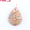 WOJIAER Fait À La Main Wrap Fil Arbre de Vie Sautoirs Colliers Pendentifs Forme De Goutte D'eau Pierre Naturelle Rose Rose Quartz Cristal Bijoux BO901