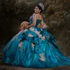 NY! Lyxig mexikansk quinceanera klänningar kristall pärlor spets appliqued söt 16 klä av axeln Vestidos de xv 15 años