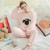 Zima Piżamy Kobiety Koreański Piżamy Set Cute Cartoon Flanel Piżama Zestaw Velvet Ciepłe Pijama Okrągły Neck Pajama Homewear Kobiety LJ200814