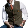 Mens kostym Vest Notched Plaid Wool Herringbone Tweed Waistcoat Casual Formal Business Groomman för Bröllop Grön / Svart / Grön / Grey1