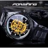 Forsining Steampunk Golden Luminous Skull Black Steel Skeleton Open Work Orologi automatici da uomo Orologio di lusso delle migliori marche