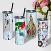 20oz Sublimation Straight tumblers with Steel Straw Rubber Bottoms Stainless tumbler Coffee Mug Water Bottle Shiny Cups