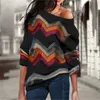 Aachoae Women Blouses Off Shoulder Tops Striped Print Pullover Jumper Casual Knitted Top Long Sleeve Blouse Shirt Camiseta Mujer LJ200831