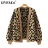 KPYTOMOA Women Fashion Leopard Pattern Loose Knitted Cardigan Sweater Vintage Lantern Sleeve Female Outerwear Chic Tops 201204