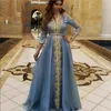 Golden Lace Appliques Marockansk Kaftan Evening Dressese 3/4 Långärmade Saudiarabiska Promokläder Muslim Chiffon Dress