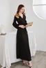 Women's Runway Designer Dresses Sexy V Neck Long Puff Sleeves Feather Detailing Lace Up Waist Elegant Long Party Prom Vestidos