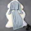 2019 Autumn Winter Blue Long Sleeve Stand Neck Embroidery Jacket + Panelled Mid-Calf Skirt Two Piece 2 Pieces Set N11T10440