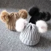 5pcs children Double Pom Pom Beanie Winter Bobble Hat Knitted Faux Fur Detachable Ball Cap Soft Cable Knit Hat with Ears for Women