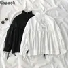 Gagaok Women Streetwear Blouse Spring Autumn New Solid Stand Puff Sleeve Lace Up Loose Casual Wild Female Fashion Shirts Tops LJ200831