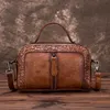 High Quality Genuine Leather Women Cowhide Top Handle Bags Vine Emed Tote Handbag Vintage Crossbody Shoulder Messenger Bag