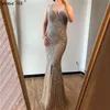 Sereno Hill Gold Backless Sirena Sirena Dress da sera Sexy 2020 Design Dubai Crystal Brancing Lusso Formale Partito Formale Wear Gown LJ201123