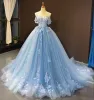 Robes de Quinceanera perlées bleu ciel clair sur l'épaule en dentelle appliques robe de bal Tulle à lacets dos princesse robes de soirée CG001