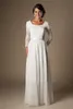 아이보리 A 라인 빈티지 레이스 시폰 비치 겸손한 웨딩 드레스 긴 소매 사각형 버튼 슬리브 신부 가운 긴 맞춤 제작