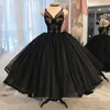 Puffy A Line Gótico Vestidos de Noiva Preto Primavera Verão Vintage Retro Chá Comprimento Alças Curtas Plus Size Rendas Vestidos de Noiva Vestido De Novia