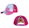Hot Tie Dye Baseball Cap Fashion Women Girls Cross Ponytail Mesh Back Trucker Hat Vuxna Kids Ponytail Hole Sun Andningsbara Snapback Hats