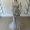 Luxury High Neck Prom Dress White Crystal Sequins Beads Evening Dresses Long Sleeves Chic Glitter Party Dress Custom Made robe de soiree