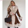 Women's Fur & Faux Women Winter PU Leanther Fux Long Jacket V-neck Tie Belt Waist Lace-up Cardigan Sleeve Casual Warm Splicing Female Coat1