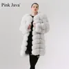 ピンクジャワQC1885到着高品質の実際の毛皮コートジャケット90センチロングベスト女性冬温暖な211220