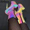 Botas descoloridas luminárias de Sorben para mulheres tornozelo alto botas de booties de nightclub pólo de dança de dança de salto patrform de sapato cores personalizadas