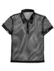 Iiniim Mens Se genom Sheer Fishnet Turn-down Collar Kortärmad Hål Ut T-shirt Muskel Toppar Clubwear Moto Party Kostymer