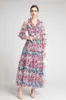 Women's Runway Dress Sexy V Neck Long Sleeves Ruffles Printed Floral Fashion Maxi Designer Party Prom Dresses