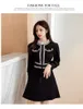 2021 EINE Linie Schwarz Herbst Winter Vintage Koreanische Zipper Frauen Elegante Spitze Patchwork Tweed Kleid Party Langarm Runway Vestidos