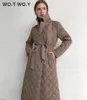 WOTWOY Argyle Ceinture Longue Parkas Femmes Coton Rembourré Épais Veste D'hiver Femme Solide Casual Surdimensionné Chaud Pardessus avec Poche 201225