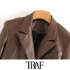 TRAF Women Fashion Double Breasted Faux Leather Blazers Coat Vintage Notched Long Sleeve Female Outerwear Chic Tops 201114