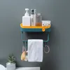 Badrum dubbeldäck hylla dusch caddy arrangör väggmontering schampo rack med handduk bar ingen borrning kök förvaring badrum tillbehör v4