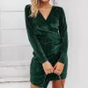 Stretch strakke fluwelen jurkfeest 2019 lente en herfst nieuwe sexy v-neck groen gestreepte mini jurk eenvoudige vrouwelijke kleding T200319