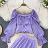 Spring Autumn Women Sexy Two Piece Dress Red/Purple/Green Square Collar Flare Long Sleeve Zipper Blouse + Pleated Skirt Suits New 2022