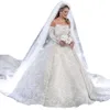 Saudiarabien Full Beading Ball Gown Bröllopsklänning Av Axel Avtagbar Långärmad Luxury Lace Sequins Appliques Bridal Gowns Crystal Bride Robes de Mariée