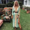 Ayualin kaftan dames kleden bloemenprint kimono lange mouw herfstjurk sexy vneck losse riem vest rayon jurken boho robe t200604