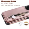 Zipper Wallet ShockoProof Fodral för iPhone 12 Mini 11 Pro Max XR XS 7 8 Plus Ultra Thin PU Läder Kickstand Bracket Slim Cover