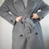 Reino Unido Primavera Novo Design Mulheres Simples Lã Maxi Long Coat Robe Slim Fit Overcoat Casaco Casual com Cinto Cinza 201218