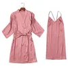 Kvinnor 2st Kimono Robe Gown kostym Sexig V-Neck Backless Nightdress Höst Solid Nightgown Rayon Night Klänning med Belt Bathrobe1