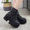 Hot Sale Gdgydh Spring Autumn Ankle Boots Women Platform Boots Rubber Sole Buckle Black Leather PU High Heels Shoes Woman Comfortable