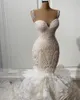 Luxe à volants longues robes de mariée sirène cristaux perlés dentelle appliqué magnifiques robes de mariée bretelles chérie cou La2629