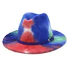 Trend Tie Dye Printed Color Fedora Hat For Women Lady Girl Men Boy Unisex Dress Party Felt Jazz Cap Blue Belt Docor326L