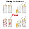 Ny !!! 15oz sublimering glas öl muggar med bambu lock halm diy frostat klart dricka redskap kaffe vin mjölk öl cola juice kallt drinkware handgjorda burk