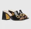 Top Luxury Deva Women's Leather Slides Sandal Horsebit Gold-Toned Outdoor Lady Beach Sandals Chunky Heels Tofflor Ladies Comfort Walking Shoes
