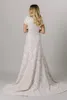 2021 Vintage dentelle modeste robe de mariée avec manches courtes ivoire champagne boutons dos bijou cou LDS robes de mariée simple mariée élégante