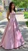 Women's Spaghetti Strap A Line V Neck Satin Prom Dress Long Evening Formal Party Dress Ruched Bodice268k