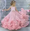 Rosa spetsblomma nivåer tulle boll klänning liten flicka bröllop billiga nattvardtävlingsklänningar klänningar zj7035