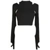 [EAM] 여성 블랙 홀로 쿨 웨이스 착용 슬림 성격 티셔츠 라운드 넥 긴 소매 패션 봄 여름 1U381 220121