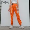 Waatfaak повседневные лоскутные карандаш брюки с высокой талией пряжки ремень брюки женщин оранжевые карманные спортивные штаны и бегуны Фитнес 201119