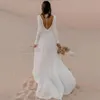 NY! Boho beach chiffong bröllopsklänning anpassade långa ärmar v hals backless bohemian brudklänningar sweeptrain robe de soirée de mariage