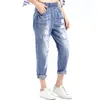 Zerrissene Jeans für Frauen mit hoher Taille, lockerer Weichmacher, Übergröße, hellblau, knöchellang, Denim-Haremshose, LJ201013